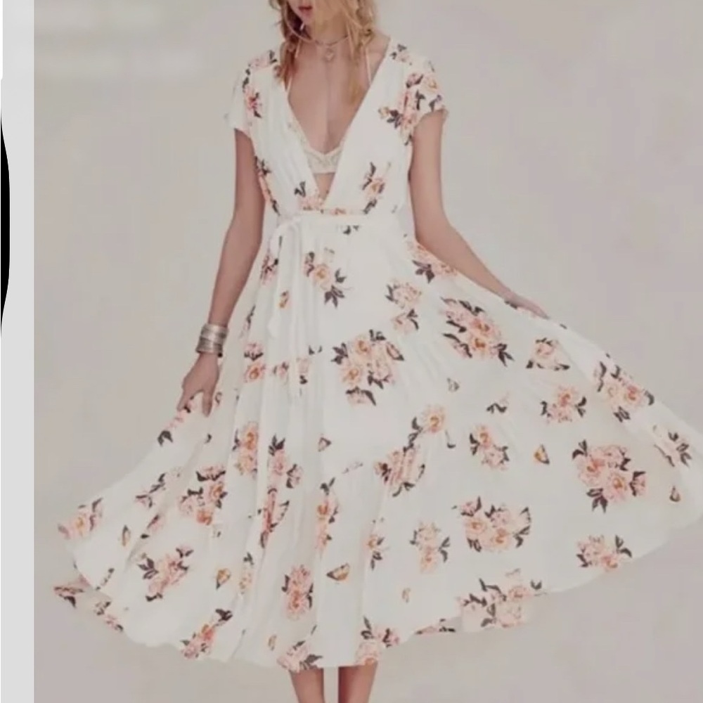Free People White Flutter Sleeve Maxi Dress with Plunge Neckline